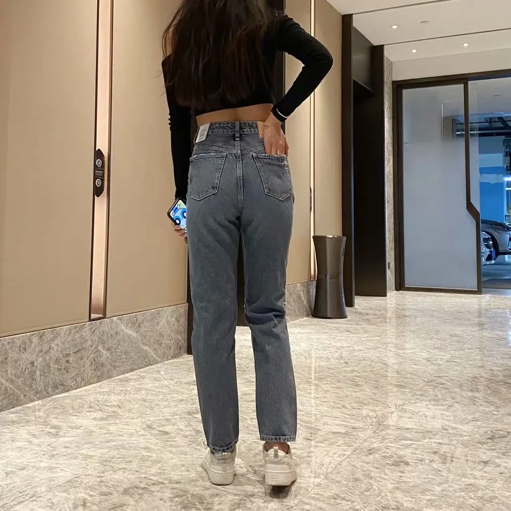 

VUWWYV Za 2021 Blue Ripped High Waist Jeans for Women Spring Summer Fashion Streetwear Woman Jeans Casual Wide Leg Pants Pockets