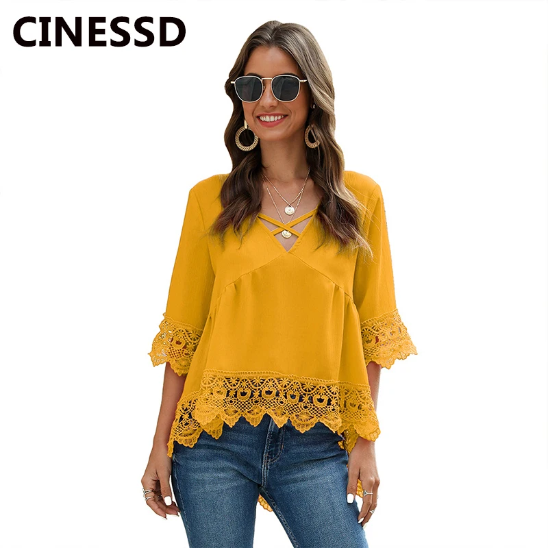

CINESSD 2020 Summer Chiffon Blouses Tops Cross V Neck Half Sleeves Women Casual Lace Hollow Splice Tunic Pullover Solid Blouse