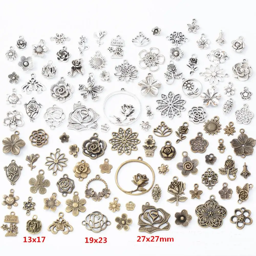 100 шт./лот Подвески в виде цветка розы разных размеров и цветов античная бронза
