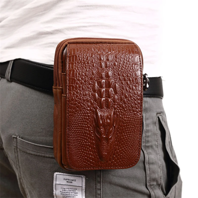 

New Men Genuine Leather Real Crocodile Grain Cell/Mobile Phone Cover Case Pocket Hip Belt Bum Fanny Pack Waist Bag Father Gift