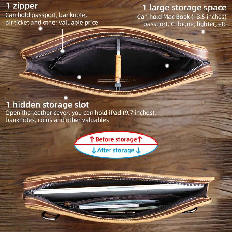 Men's Bag Retro Genuine Leather 13.5'' Laptop Crossbody Bag Portable Briefcase Men's Handbag Shoulder Bag