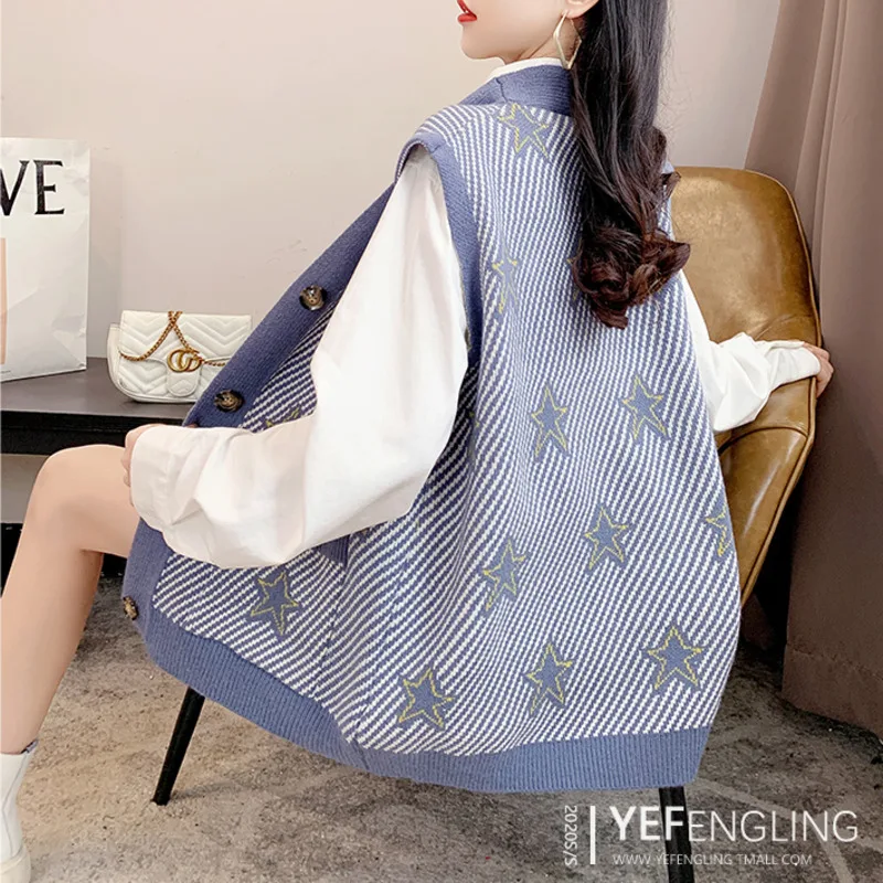 

#2441 Knitted Waistcoat Women Single Breasted Loose Long Sweater Vest Femme V Neck Loose Korean Fashion Sweaters Top Knitwear