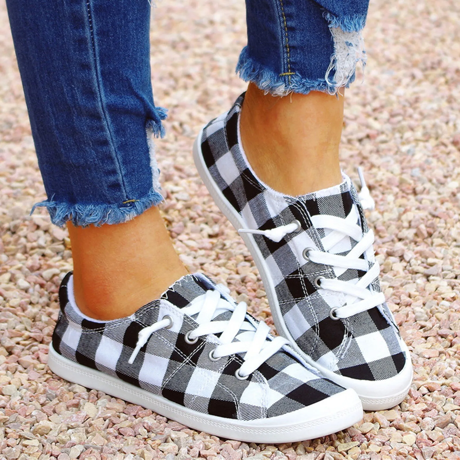 

Fashion Canvas Shoes for Women Plaid Comfortable Ladies Flats Non-Slip Sneakers Breathable Casual Vulcanized Shoes Mujer Zapatos