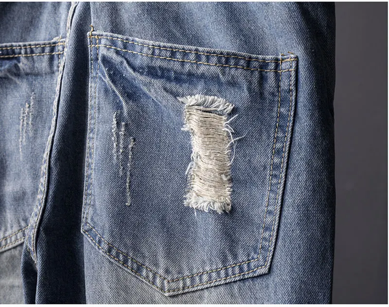 Man Ripped Jeans Bib Overalls Ankle Length Light Blue Streetwear Hip Hop Homme Hole Denim Jumpsuits Trousers Leisure Cargo Pants