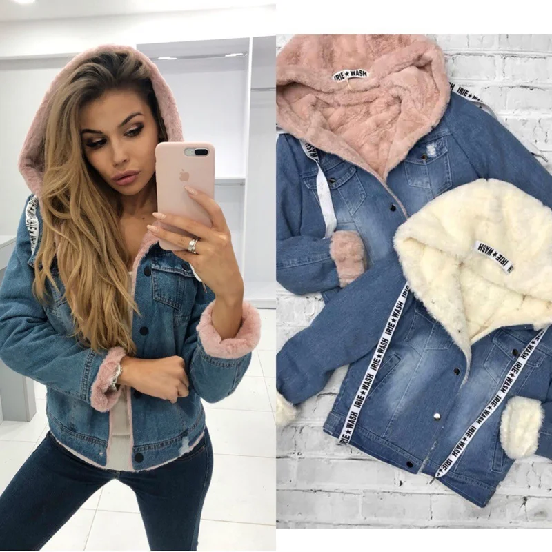 Женская зимняя куртка джинсовое плотное флисовое пальто с капюшоном и
