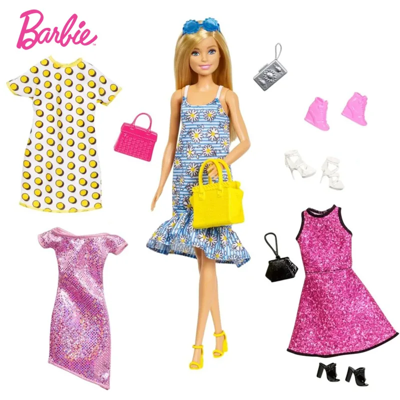 

Barbie Party Doll Barbie Girl Princess Dress Up 4 Pcs Doll Clothes Dress Girl Educational Toy Big Gift Box Party Set GDJ40