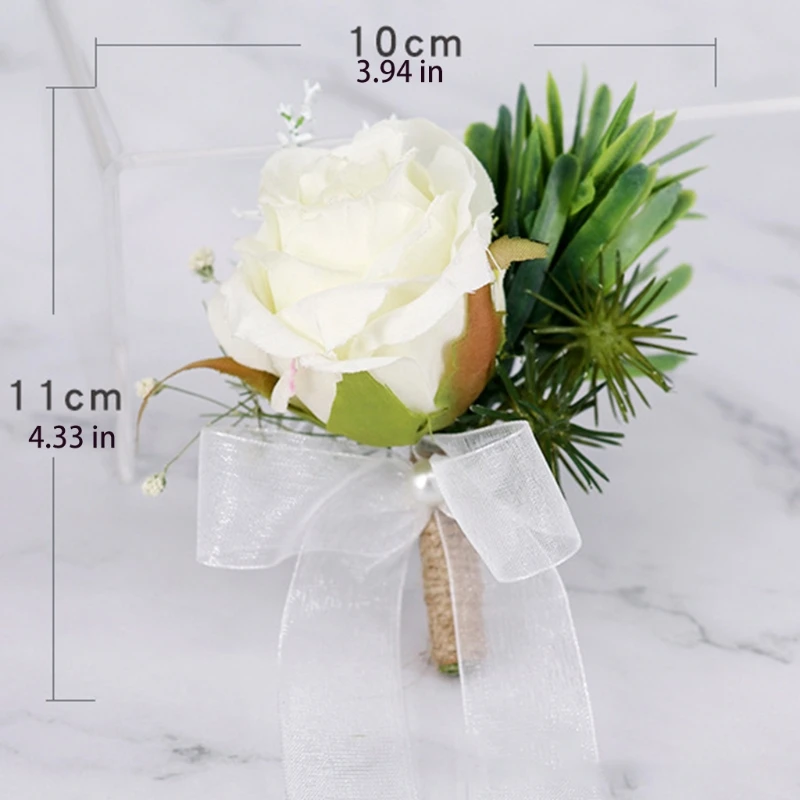 

Men Boutonniere Bridesmaid Wrist Corsage Bracelet Handmade Silk Ivory Artificial Flowers Corsage for Groom Party Suits