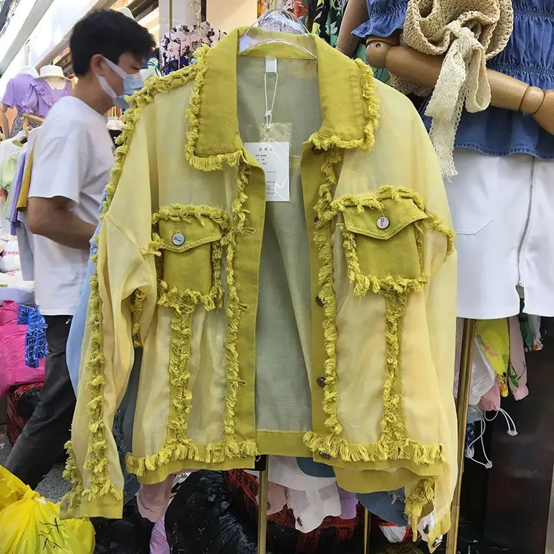 Куртка женская джинсовая с отложным воротником шифоновая свободная