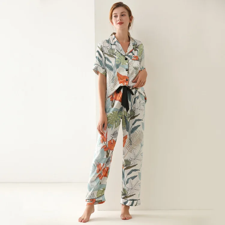 Autumn New Printing Fashion Pajama Suit Woman Satin Short Sleeve Trousers Loose Pyjamas