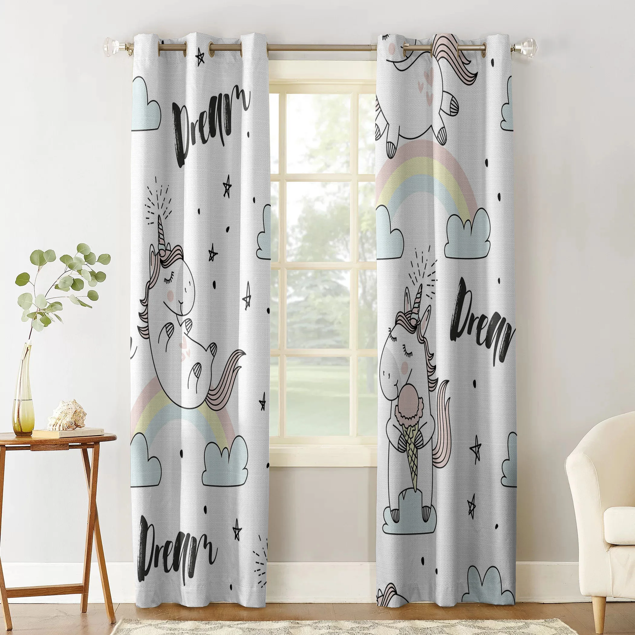 Шторы на окна с единорогом радугой мультяшными облаками мечтой занавески для