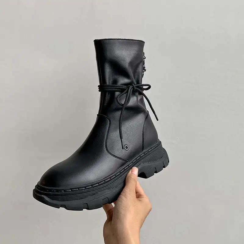 

Krazing Pot fashion cow leather round toe high heels lace up thick bottom winter shoes office lady casual mid-calf boots L1f3