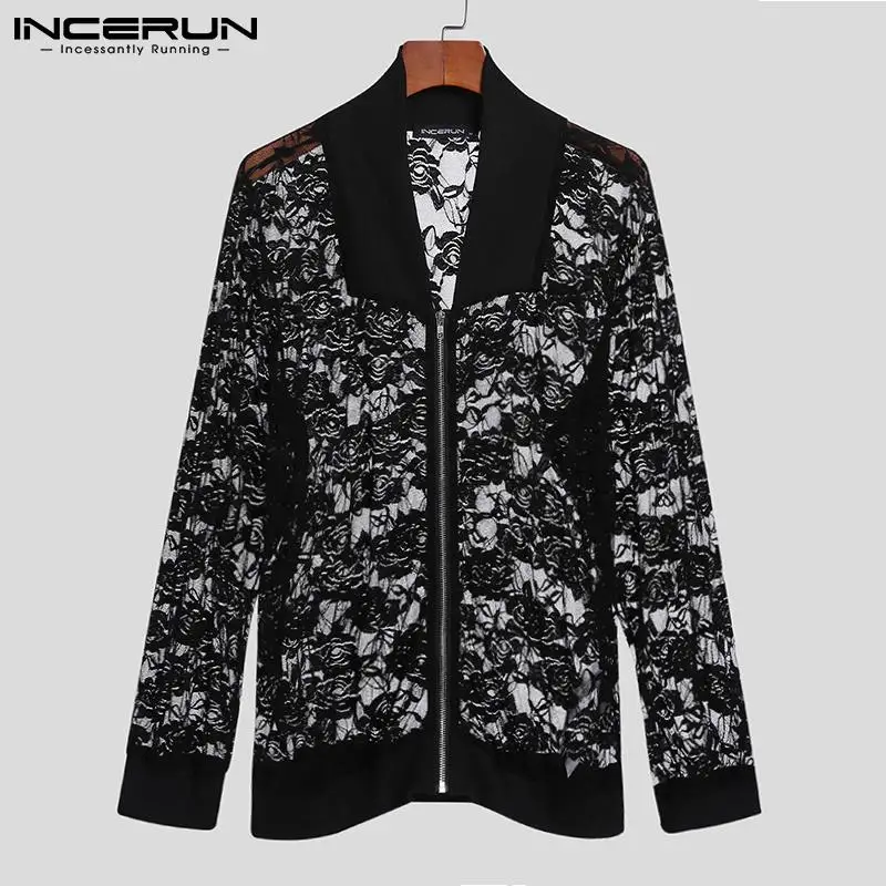 

INCERUN Fashion Men Shirt Mesh Lace Transparent Sexy Lapel Long Sleeve Party Nightclub Shirts 2021 Zipper Camisa Masculina S-5XL