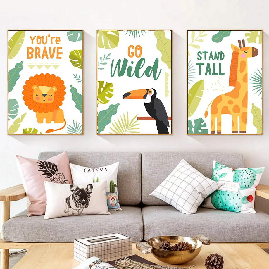 

Giraffe Elephant Lion Dinosaur Toucan Leaf Wall Art Canvas Painting Nordic Posters And Prints Wall Pictures Baby Kids Room Decor