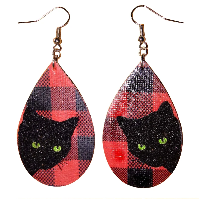 

2020 New Buffalo Plaid Cat Printed Faux Leather Earrings Fashion Teardrop Leaf Earrings Mom Gifts We Can Customize