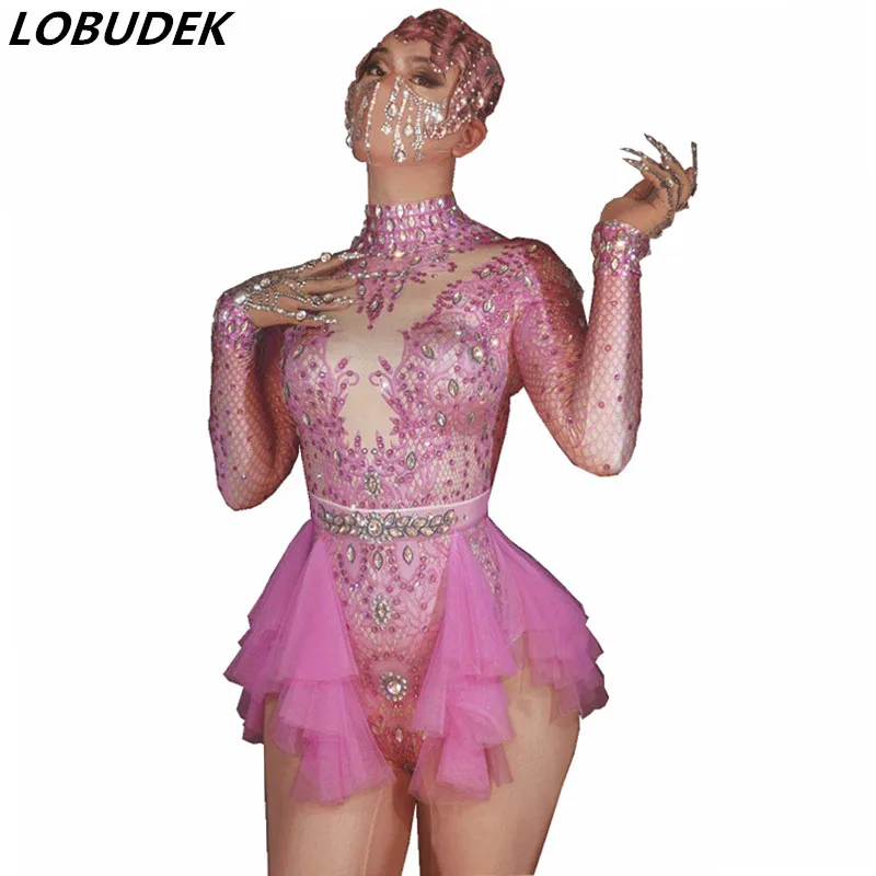 Fashion Pink Rhinestone Spandex Stretch Bodysuit Women Singer Dancer Party Show Leotard Stage Wear Latin Dance Bodysuit Costume