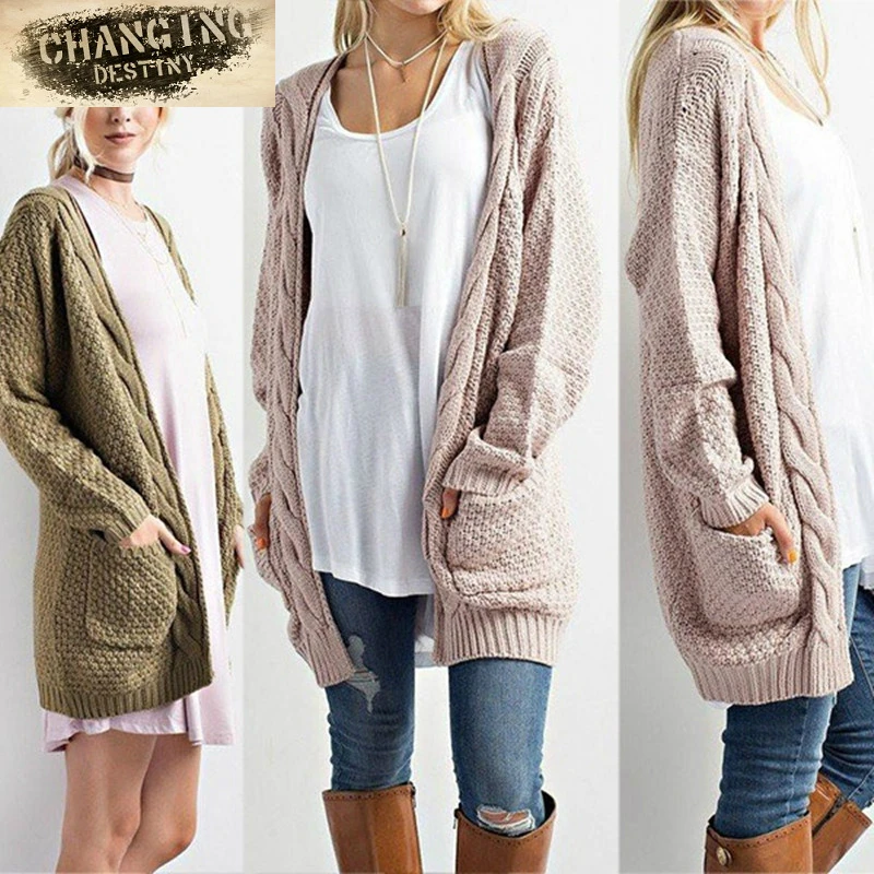 S-3XL, осень, зима, продукт, европейский стиль, длинный, будет код, сплошной цвет, карман, свитер, женский, Конопляный, с цветами, вязаный кардиган