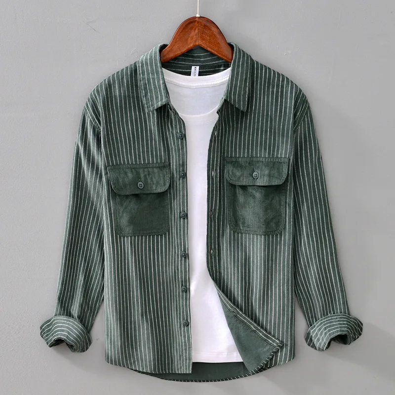 

Осенняя японская ретро свободная повседневная Хлопковая полосатая Мужская рубашка с длинным рукавом Вельветовая удобная и дышащая мужска...