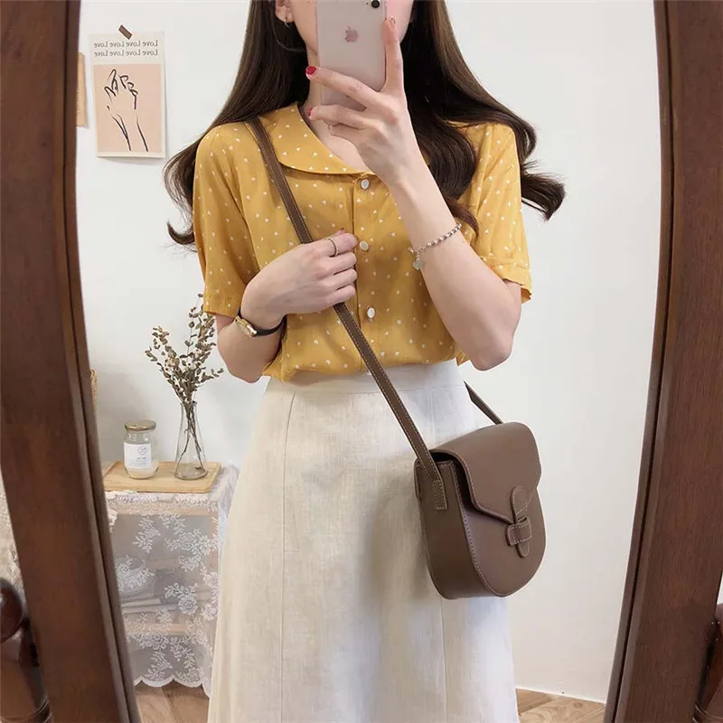 Рубашка в горошек Женская повседневная желтая с коротким рукавом | одежда