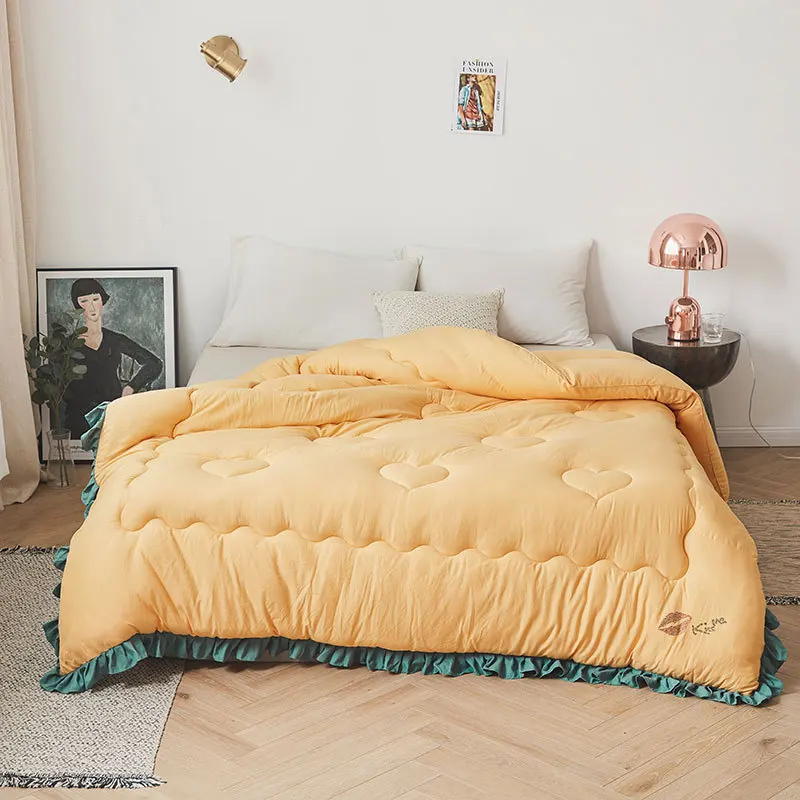 

2019 New Ruffles Comforter Washed Cotton Thicken Duvets Soft Winter Quilts 200*230cm Green Home Bed Cover Heart Princess Bedding