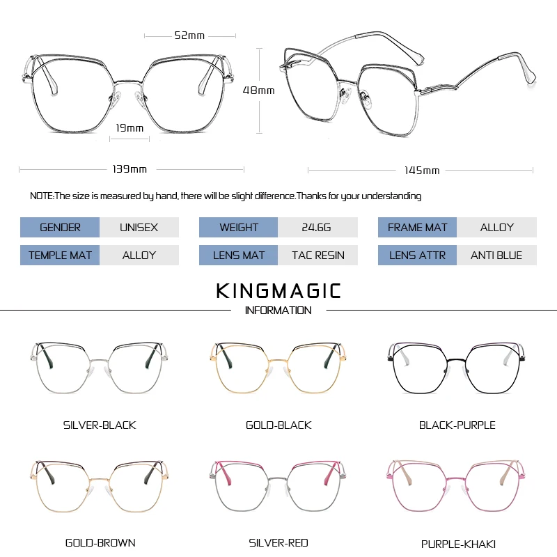 

KINGMAGIC Anti Blue Light Blocking Glasses Rectangle Metal Anti Eyestrain Men And Women Square Computer Goggles Eye Protection