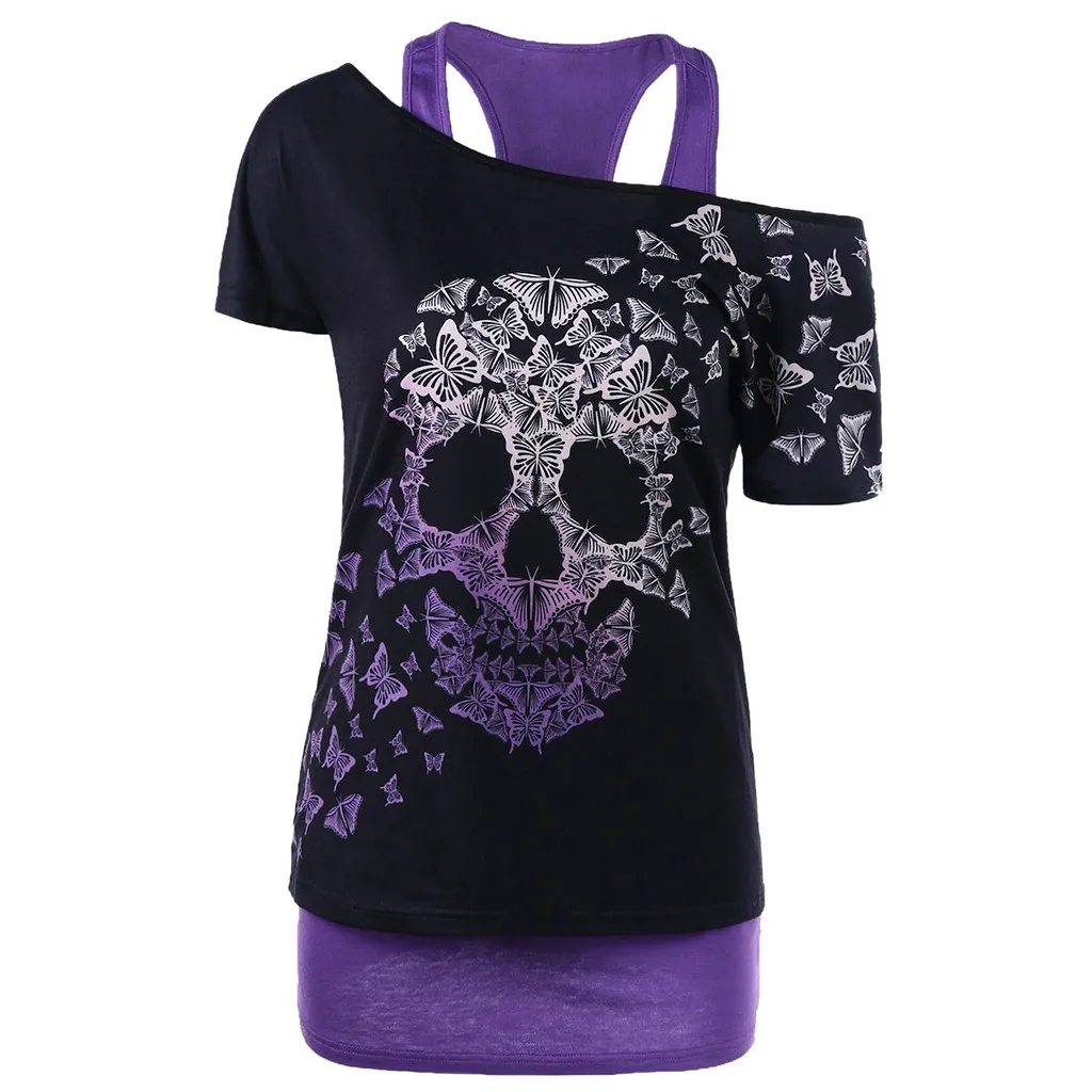 

Blouse Women's Fashion Short Sleeve Plus Size Butterfly Skull Print Shirt Tank Tops Блузка Женская Ropa De Mujer Женская Одежда