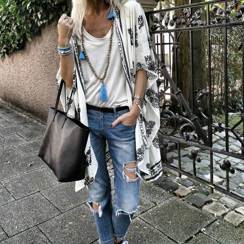 Женское повседневное кимоно длинное из смесового хлопка свободная блузка с