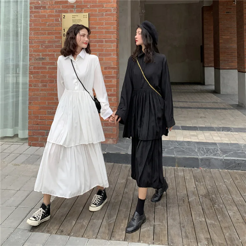 EAD 2020 spring new shirt dress female Korean temperament Slim loose waist lapel long sleeve chiffon black white | Женская одежда