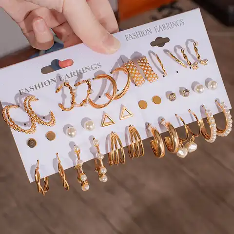 Набор женских сережек в Корейском стиле, серьги-кольца с жемчугом для женщин, геометрические Золотые круглые серьги, трендовая бижутерия 2021...