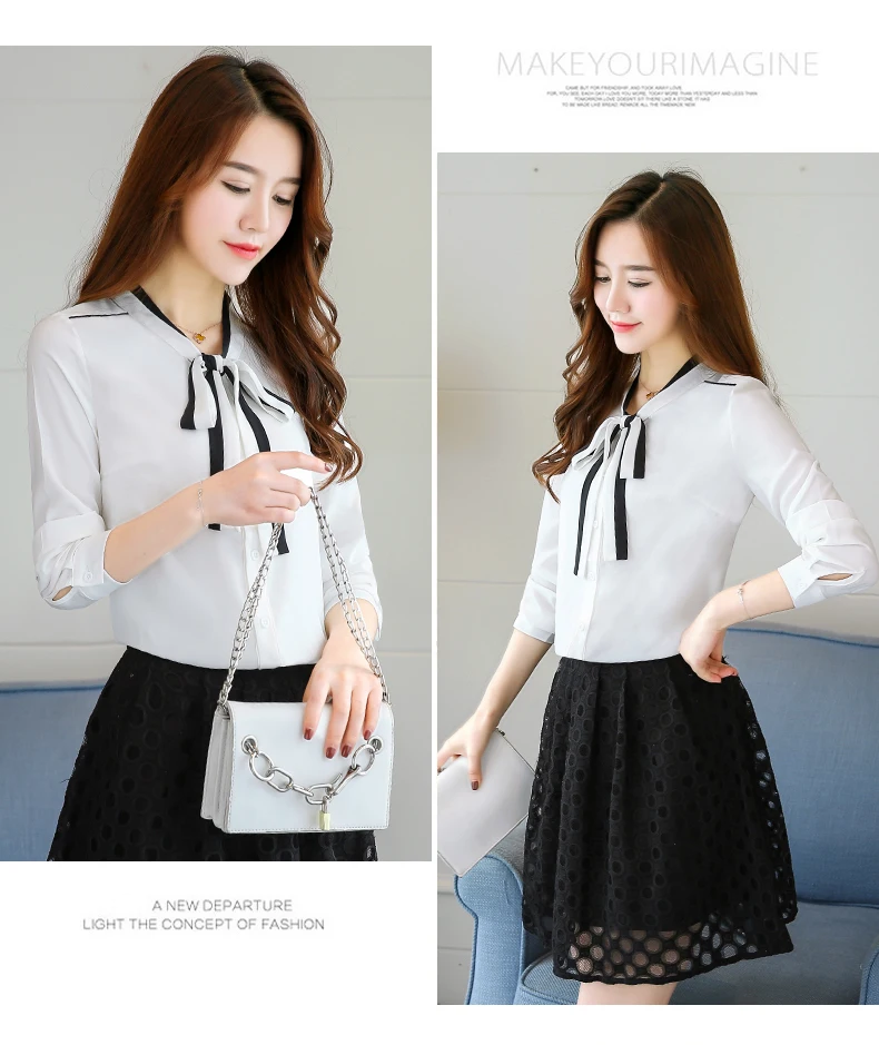 

Summer Silk Women's Blouses Long Sleeve Top Casual New Korean Bow Button Fashion Shirt Solid Chiffon Blouse Houthion