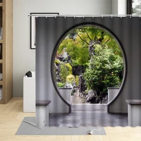chinese style shower curtains garden courtyard building green plant scenery pattern bathroom decor polyester hanging curtain set
