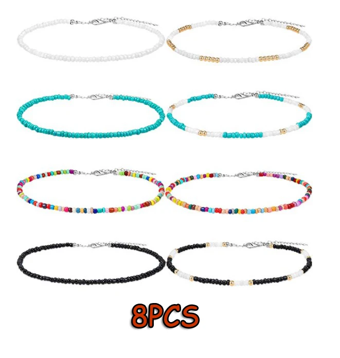 8PCS Visco, колье из бисера, крошечное колье из бисера, бохо, цветное колье, ожерелье на цепочке, ювелирное изделие для женщин и девушек, регулируемое - Окраска металла: 8PCS