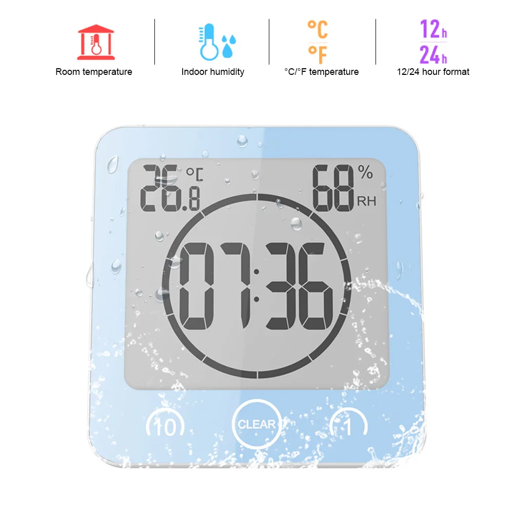 

LCD Bathroom Wall Clock Shower Clocks Timer Digital Waterproof Water Splashes Temperature Humidity Kitchen Washroom Time