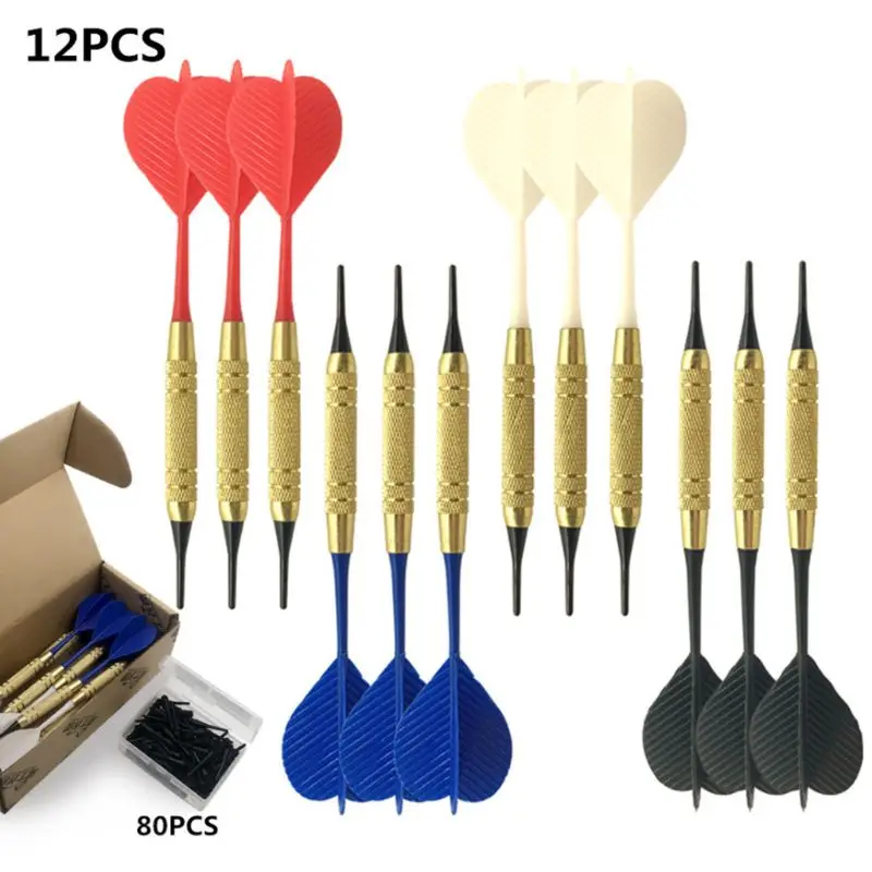 

12pcs/set Soft Tip Darts PC Shaft with 80 Extra Tips for Electronic Plastic Dartboard Home Bar Random Color W0YB