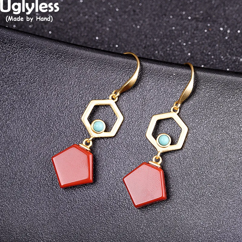 

Uglyless Pentagon Hexagon Geometric Fine Jewelry for Women Hollow Minimalism Earrings Turquoise Hollow 925 Silver Brincos Bijoux