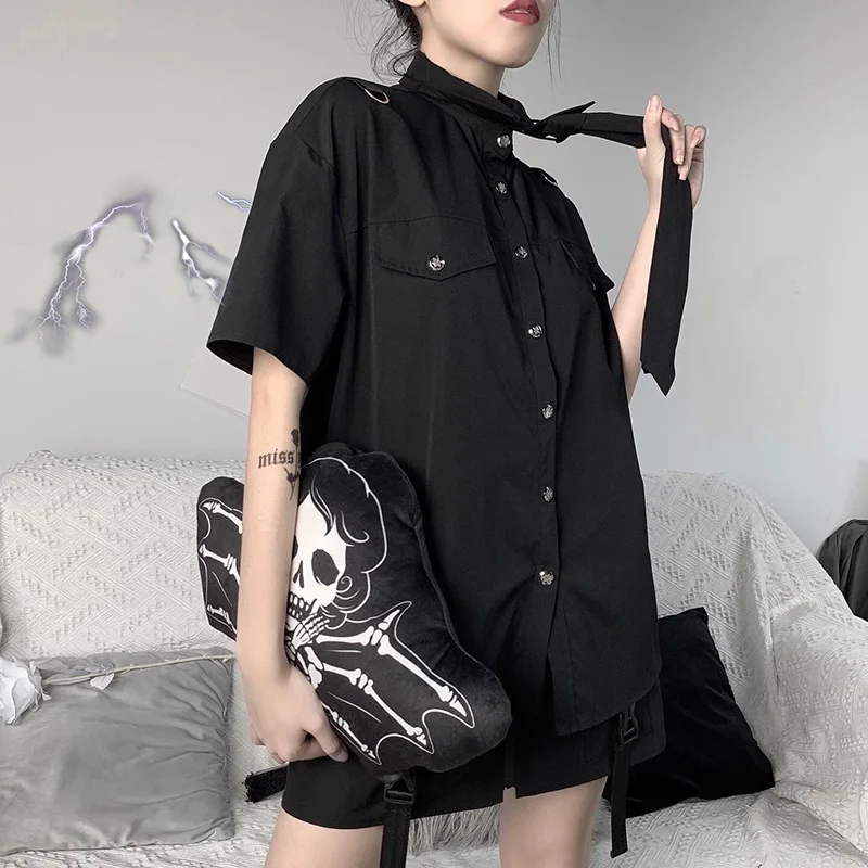 Goth Girl Blouse 2020 New Summer Fashion Jk Tie Short Sleeve Loose Harajuku Punk Grunge Style Streetwear Dark Black Femme | Женская