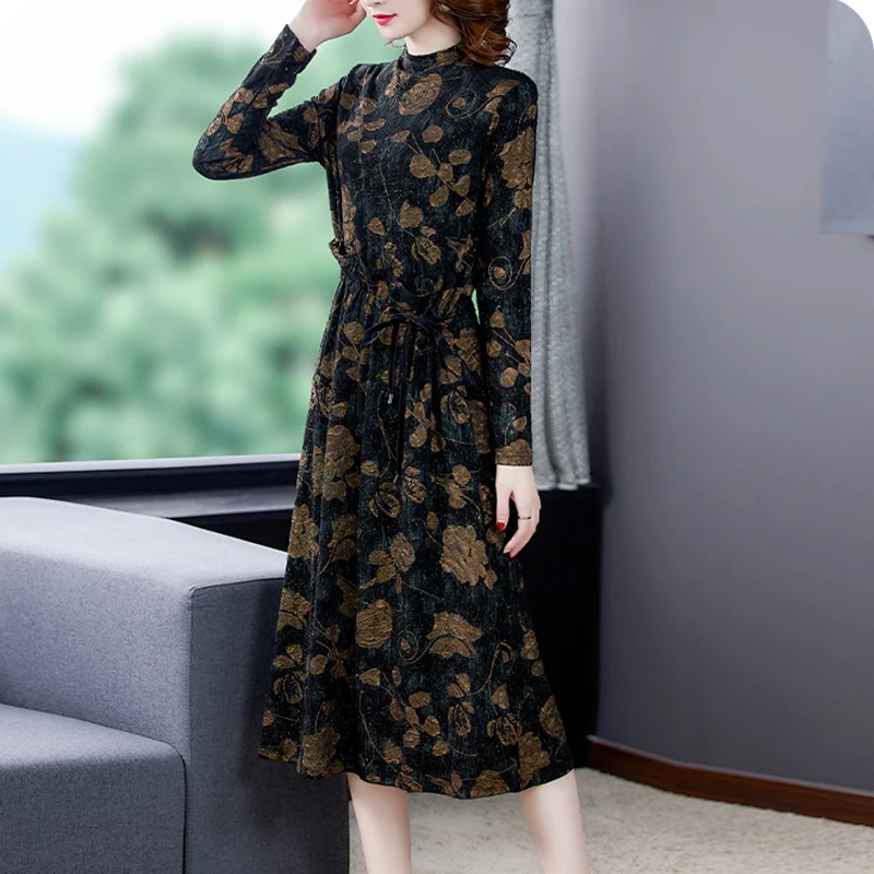 

2021 Autumn Winter Women Casual Floral Midi Dresses Vintage 4XL Plus Size Office Long Sleeve Dress Bodycon Party Classy Vestidos