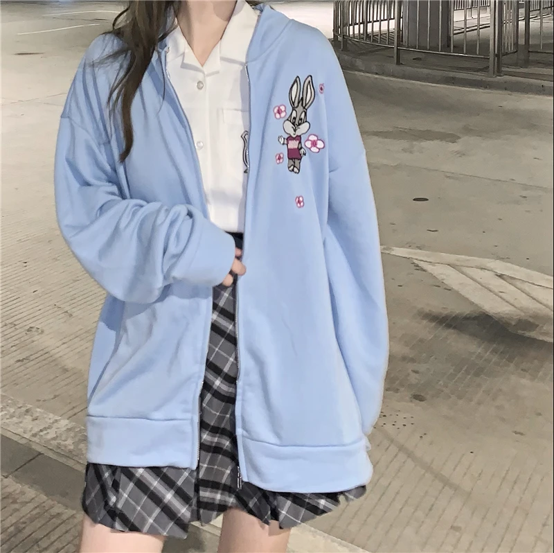 

New Spring Kawaii Cherry Blossom Embroidered Rabbit Jacket College Style Baseball Uniform Korean Thin Y2k Retro Cotton Tops