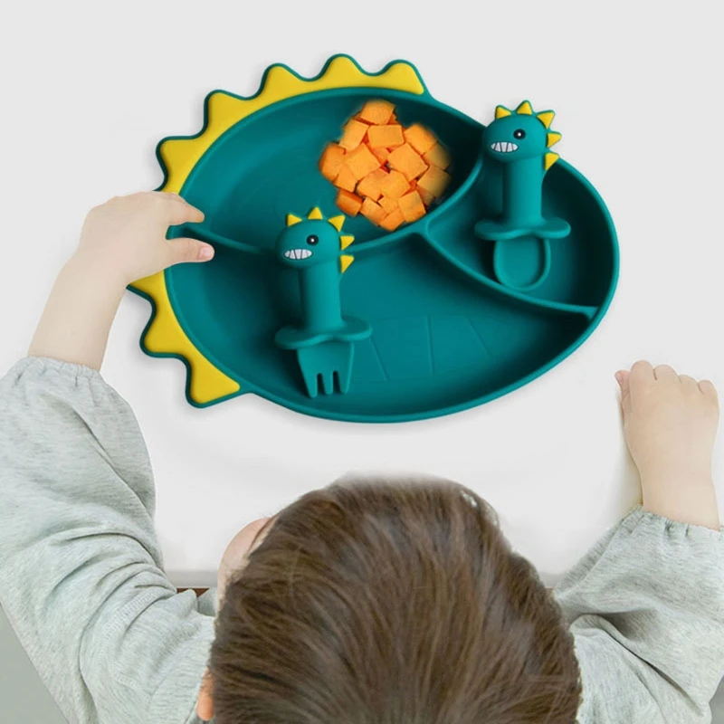 

1-3Pcs Baby Training Feeding Food Bowl Spoon Fork Set Anti Slip Cartoon Dinosaur Silicone Suction Divided Plate Tray Utensil