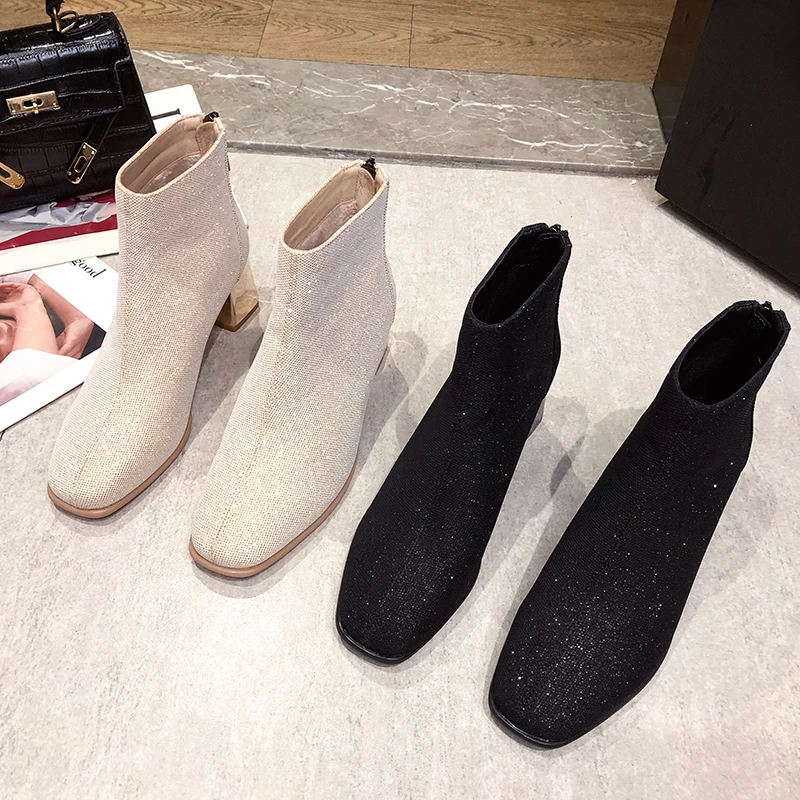 

Hjwsfdcai Chunky Heel Women Booties Autumn Winter New Fashion Zipper Women Shoes Sequins Personality Wedding Dress Ankle Shoes