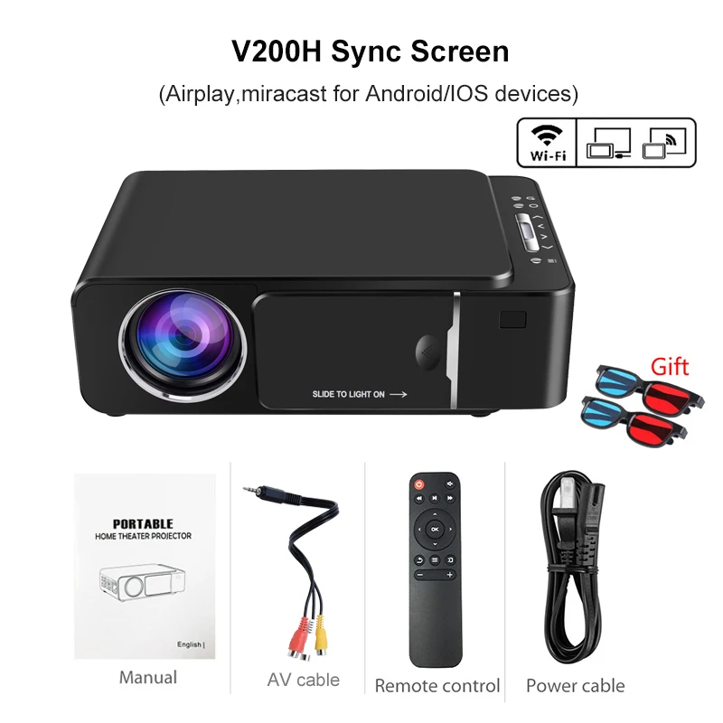 V200H Sync Screen VIVICINE 1280x720p Портативный HD проектор, опция Android 7,1 HDMI USB 1080p домашний кинотеатр проектор wifi мини светодиодный проектор - Цвет: V200H Sync Screen