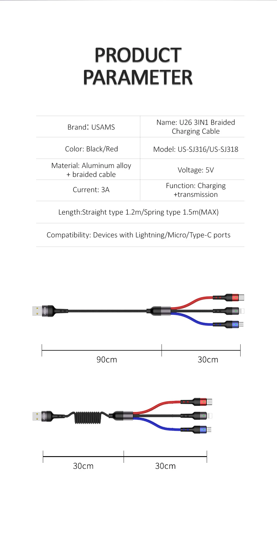 USAMS 3 в 1 Micro USB кабель 3A type C кабель для iPhone кабель USB C кабель для зарядки 4 в 1 шнуры для iPhone 6 6s 7 8 x xs samsung