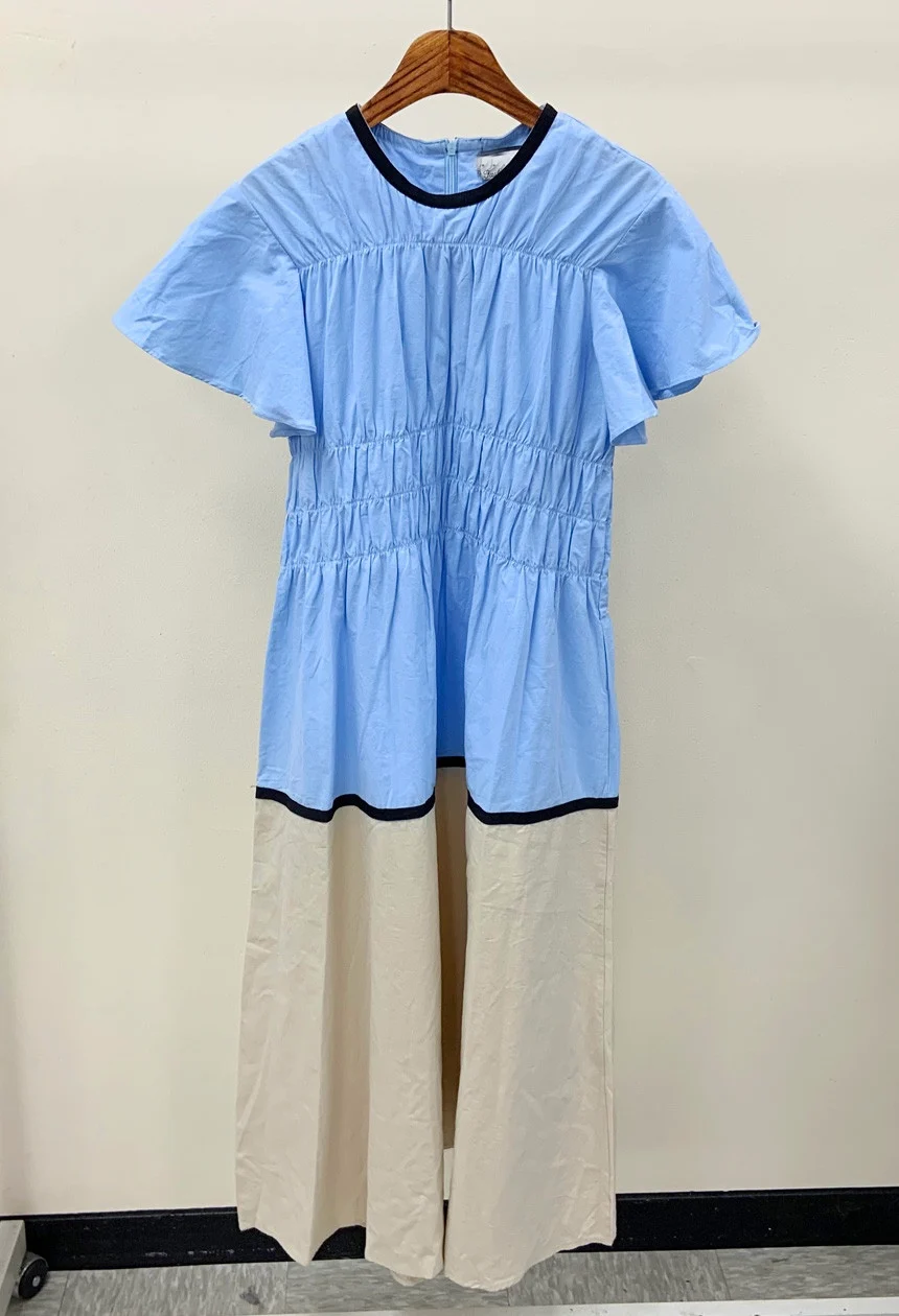 

ZCSMLL Round neck vestido color matching, pleated design, waist slimming, flying sleeves dress, long skirt 2021 spring summer