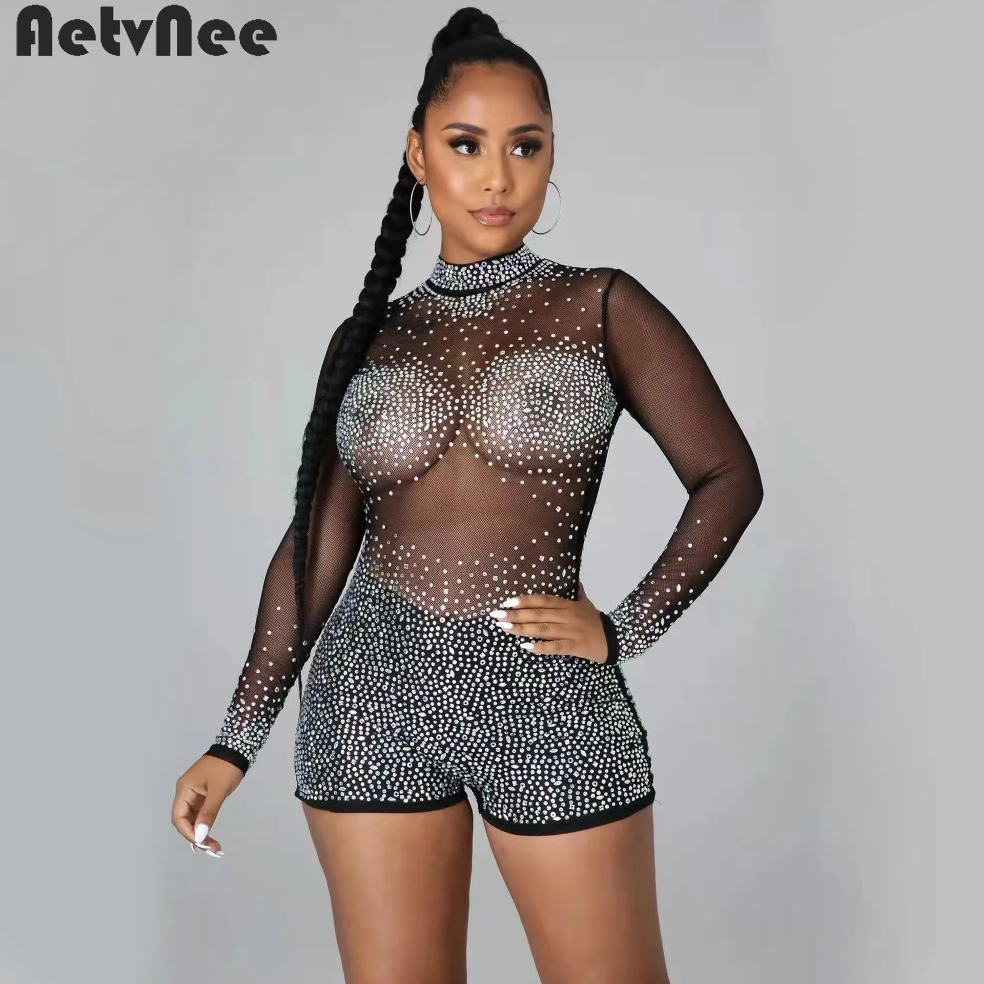 

Autumn Diamonds Playsuits Women Glitter Sexy Rompers Mesh See Through Zip Stretchy Playsuit Party Night Club One Piece Overalls