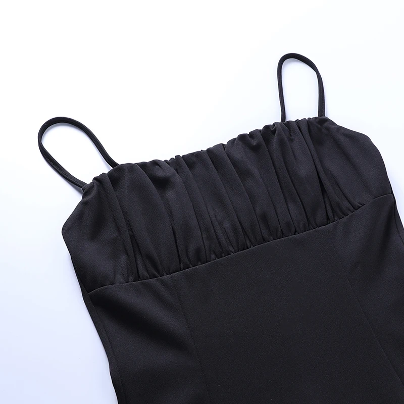 

InsGoth Vintage Bra Ruched Black Dress Women Sexy Spaghetti Straps High Waist Dresses Party Club Wear Summer Mini Slit Dress