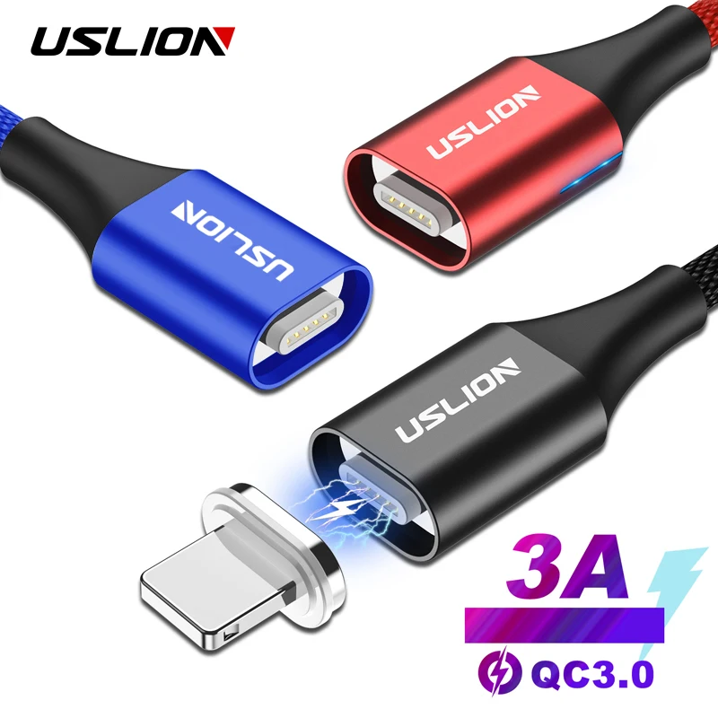 Магнитный кабель USLION Micro USB Type C для iPhone 11 Samsung Xiaomi 3A быстрая зарядка магнитные