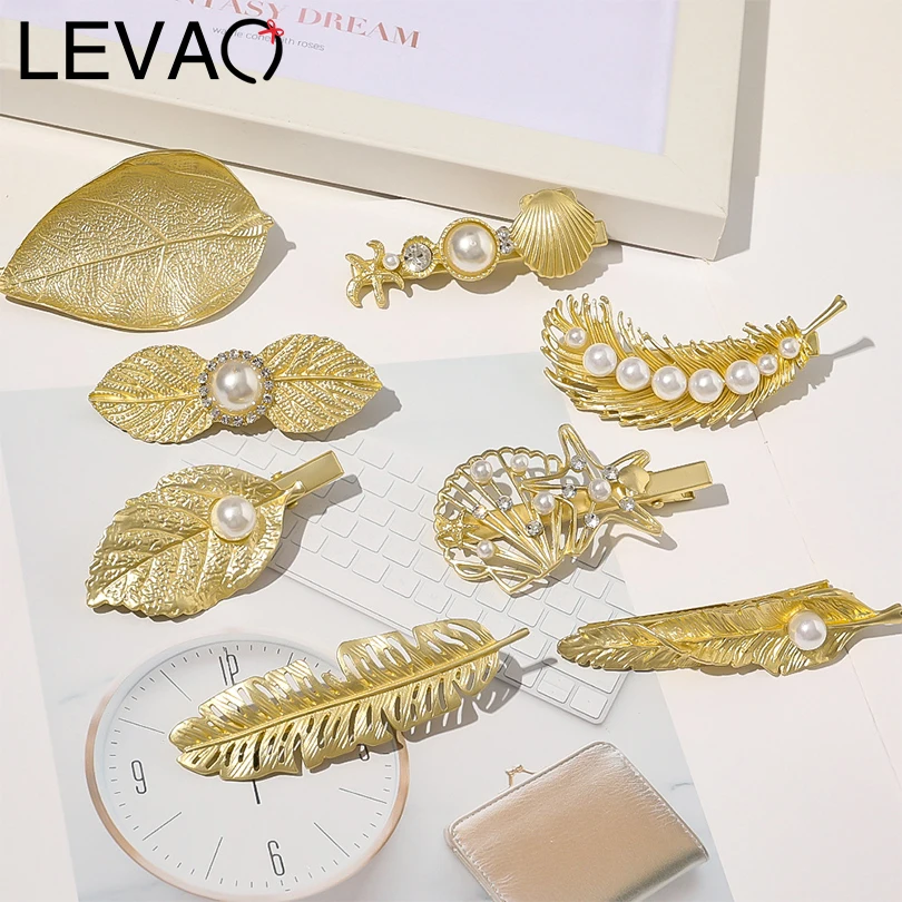 Женская заколка для волос LEVAO золотистая металлическая с перламутровыми перьями