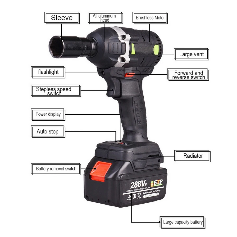 Бесщеточный Аккумуляторный Электрический гайковерт ударный 630N.m 288VF 19800 мАч