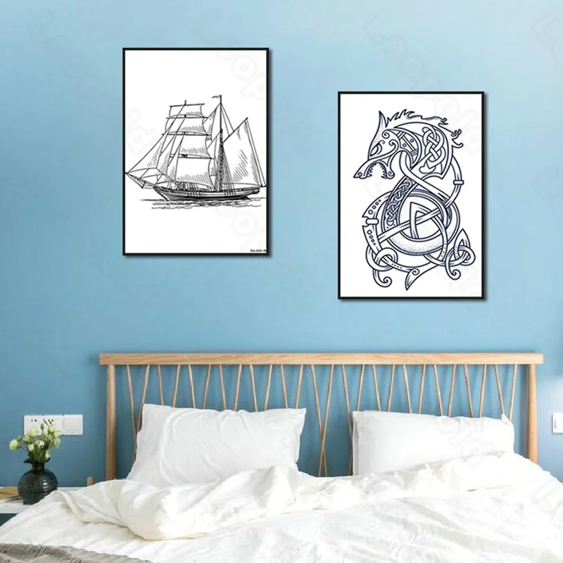 

Modern Brief Type Cartoon Dragon Totem and Ferry Wall Painting Posters and Murals In Nordic Style for Living Room and Decoration