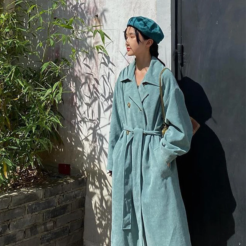 

Women Long Corduroy Coat Autumn Winter Female Casual Long Vintage Double Breasted Windbreaker Overcoat With Belt Jacket Outwears