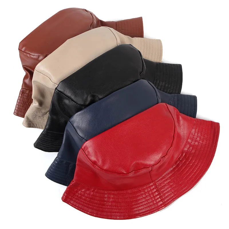 Chapéu de balde de couro feminino moda 2022 coréia estilo preto vermelho mulher balde chapéus gorra mujer bob chapeau femme boné de pescador